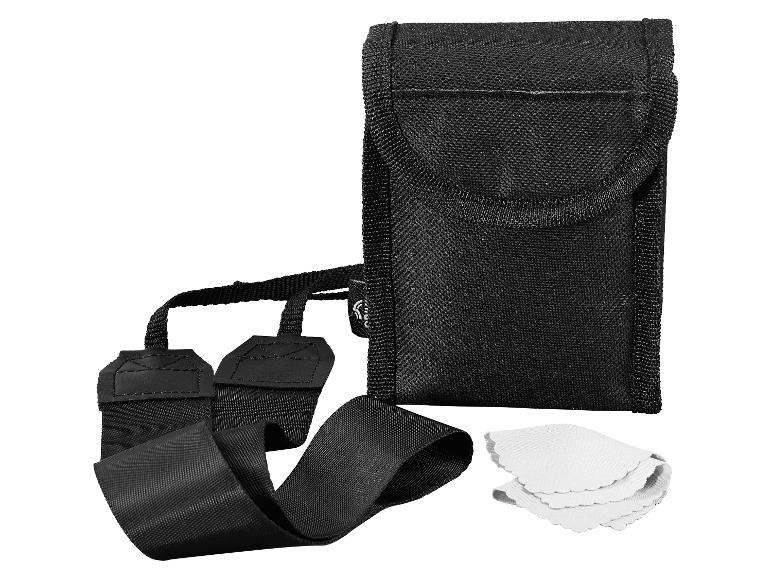 Zwarte draagtas met riem en twee witte schoonmaakdoekjes.