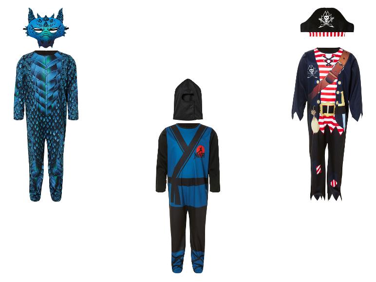 Drie kostuums: draak, ninja en piraat.