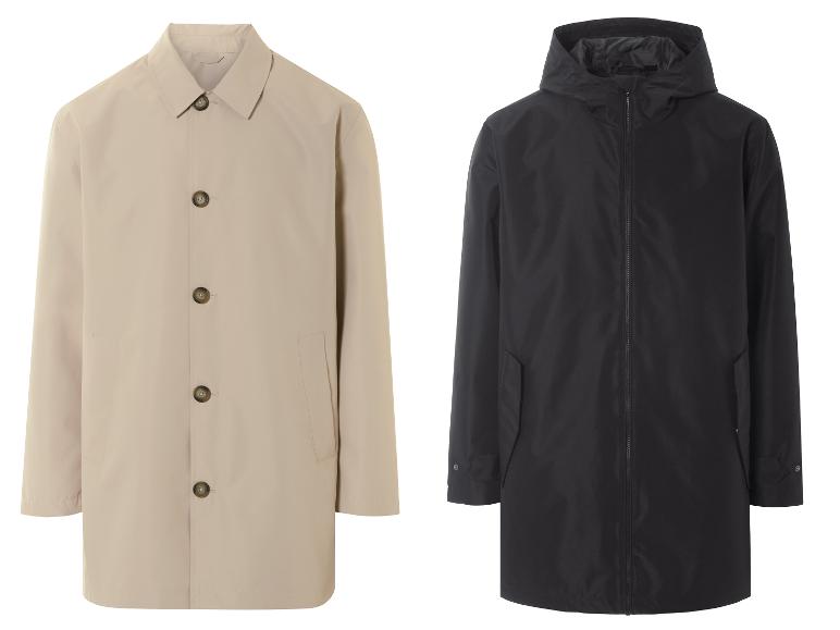 Beige jas met knopen en zwarte jas met capuchon.