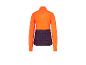 Een oranje fleece jack met een donkerpaarse voering.