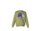 Olijfgroen kindersweatshirt met een blauwe pailletten dinosaurus en het woord 'DINOSAUR'.