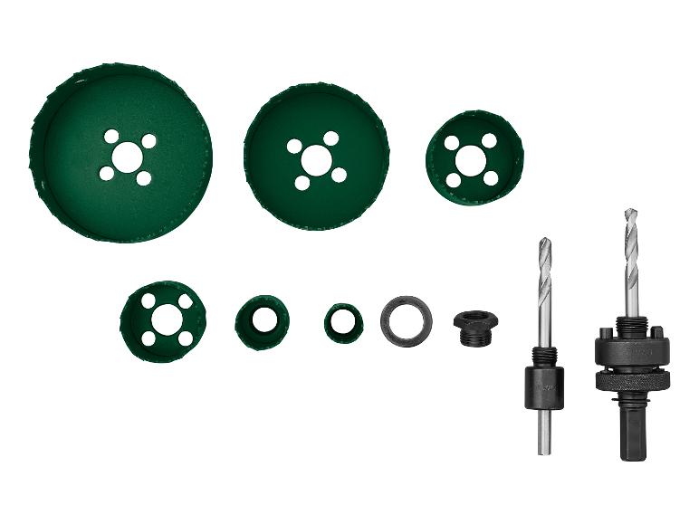 Groene gatenzaagset in diverse maten met boren en adapters.