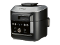 Zwarte multicooker met digitaal display en stoom- en heteluchtfuncties.