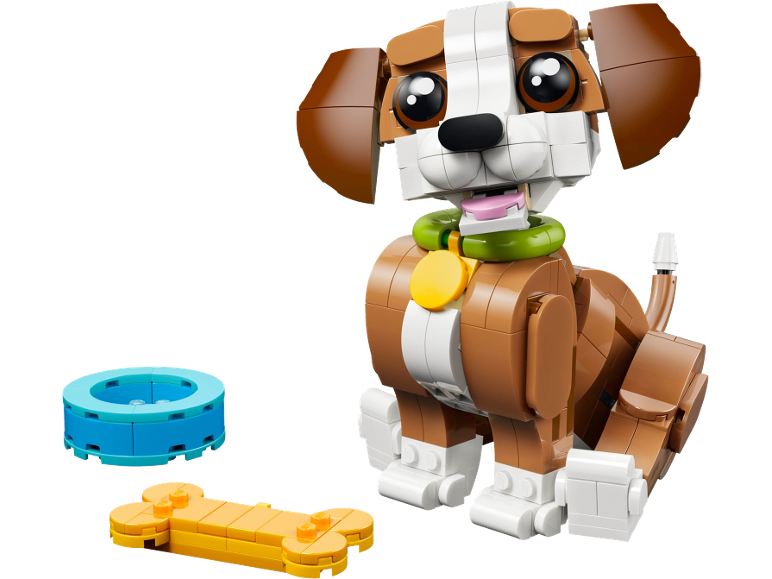 Speelgoedhond van bouwstenen met een voerbak en een bot