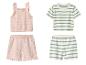 Baby zomerkleding sets: een roze top met ruches en korte broek, en een wit-groen gestreepte set.