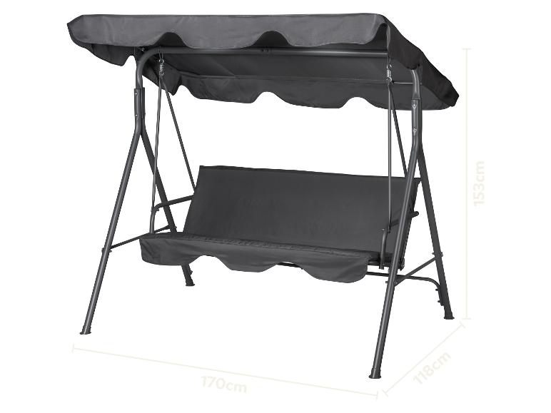 Grijze tuinschommel met luifel en gewatteerde zittingen, afmetingen 170x118x153cm.