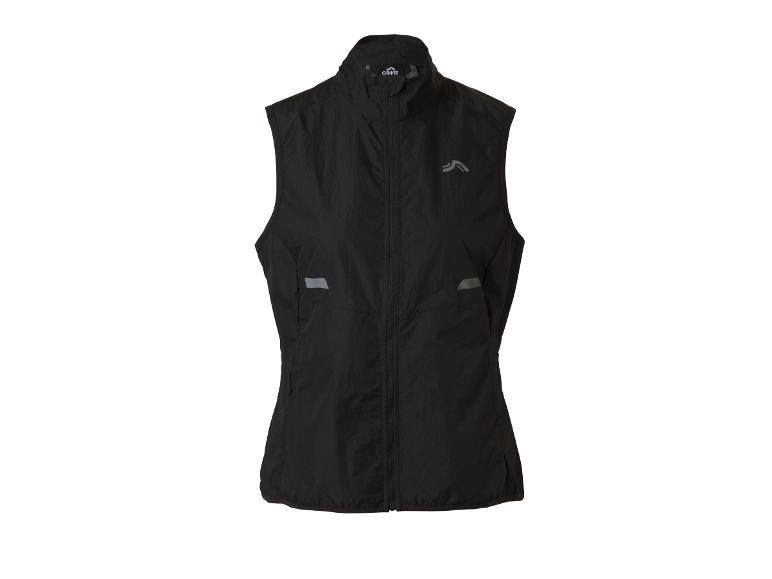 Zwart sportvest met rits en reflecterende details.