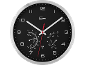 Wandklok met thermometer en hygrometer, zwart met zilveren rand.