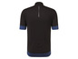 Een zwart fietsjersey met blauwe details.
