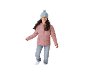 Lachend meisje in een roze pufferjack, grijze jeans en een lichtblauwe gebreide muts.