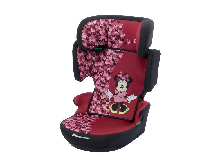 Rood kinderautostoeltje met Minnie Mouse-ontwerp en een patroon van roze en zwarte strikken.