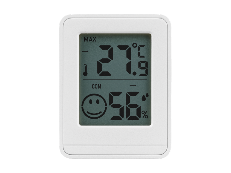 Witte digitale thermometer en hygrometer met LCD-scherm, toont 27.9°C en 56% luchtvochtigheid.
