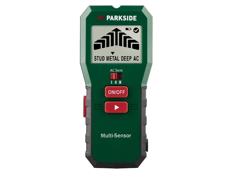 Groene multifunctionele muurscanner met digitaal display dat detectiemodi toont.