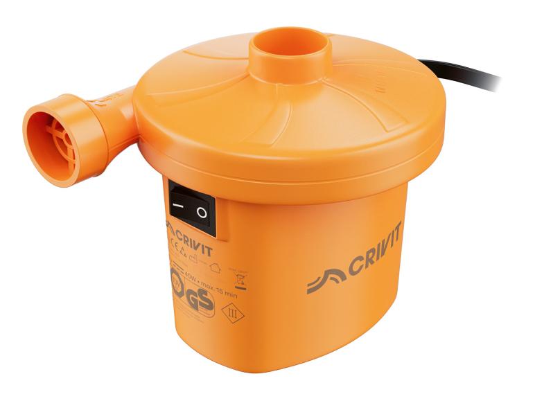 Oranje elektrische luchtpomp met zwarte aan/uit-schakelaar en stroomkabel.
