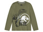 Een groen T-shirt met lange mouwen met een Jurassic World dinosaurusprint.