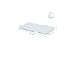 Wit matrasje met afmetingen 82 cm x 50 cm x 2,5 cm, met een symbool voor waterdichtheid.