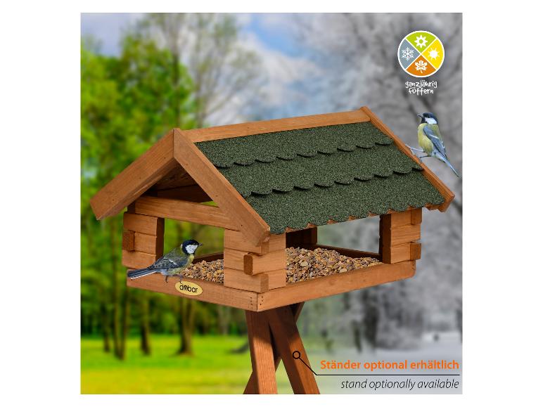 Houten vogelvoederhuisje met twee koolmezen, 'Ständer optional erhältlich' (standaard optioneel verkrijgbaar).