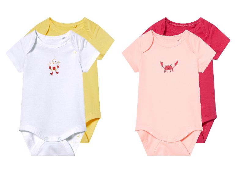 Babybody's, twee sets: eendje en krab, pasteltinten.