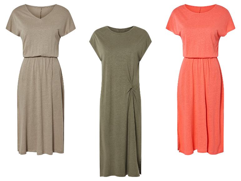 Drie zomerjurken: beige, kaki en koraal.