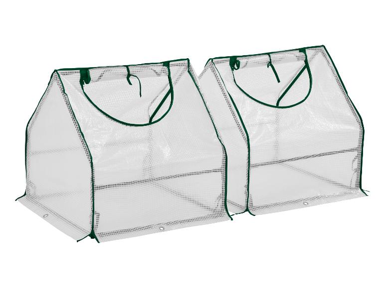 Twee transparante tuinkassen met groen frame