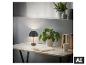 Zwarte tafellamp op een houten bureau met planten en boeken
