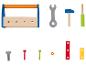 Houten speelgoedgereedschapset met gereedschapskist, moersleutel, hamer, schroevendraaier, schroeven en moeren.