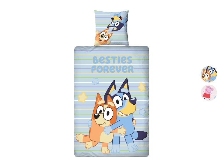 Bluey en Bingo dekbedovertrekset met 'BESTIES FOREVER' tekst en karakteropties.
