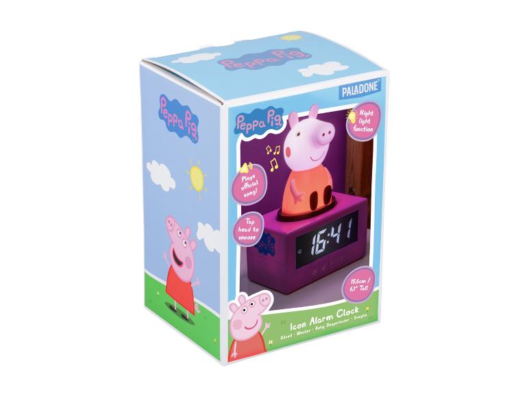 Peppa Pig icoon wekker met nachtlichtfunctie, speelt officieel liedje, tik op hoofd voor snooze.