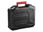 Een zwarte Parkside gereedschapskoffer met rode handgreep.