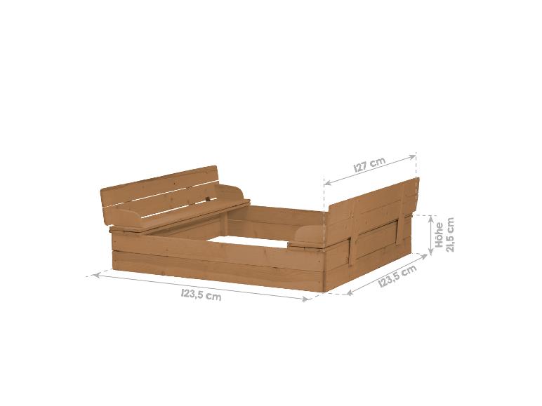 Houten zandbak met bankjes, afmetingen 127x123,5x21,5 cm.
