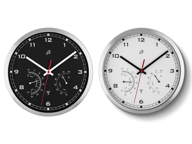 Twee zilveren klokken met zwarte en witte wijzerplaten, die temperatuur en vochtigheid aangeven.