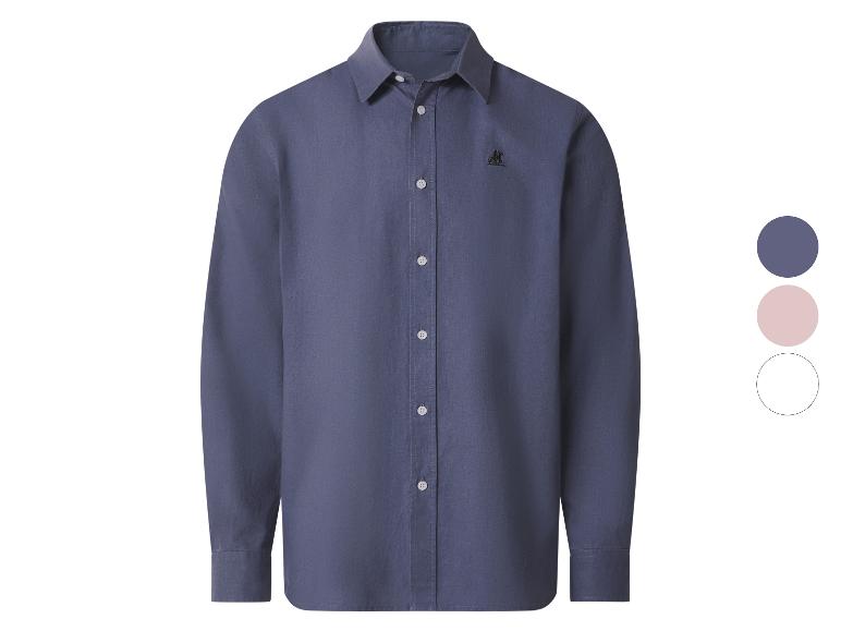 Blauw overhemd met lange mouwen, witte knopen en geborduurd logo