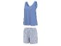 Dames blauwe tanktop en gestreepte shorts set.
