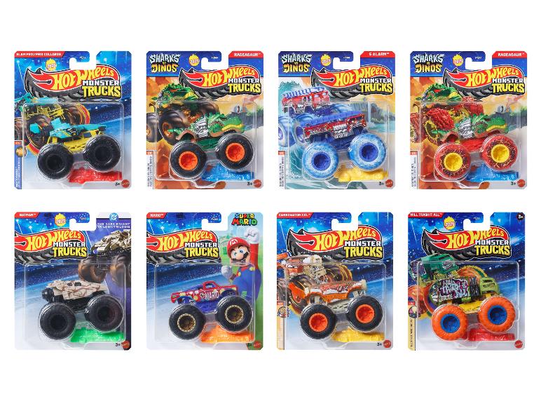 Hot Wheels Monster Trucks met diverse ontwerpen, waaronder Mario, Batman en dinosaurus-thema's.
