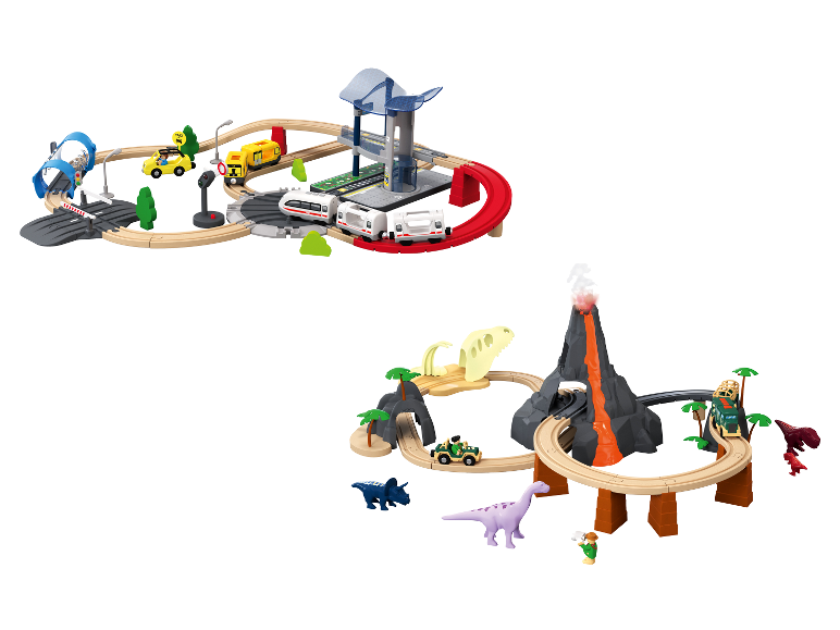 Twee houten speelgoedtreinsets: één met stadsthema en één met dinosaurus-thema.
