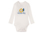 Witte baby romper met lange mouwen met een leeuw en de tekst 'Wild & Free'.