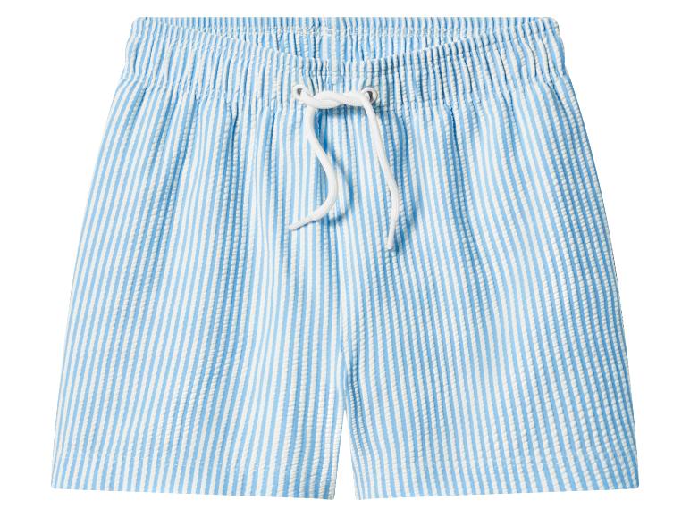 Blauw-wit gestreepte zwemshort met elastische tailleband en trekkoord.