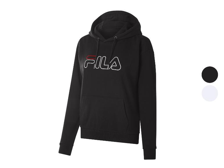 FILA dames hoodie, zwart, met wit FILA-logo en rood accent.