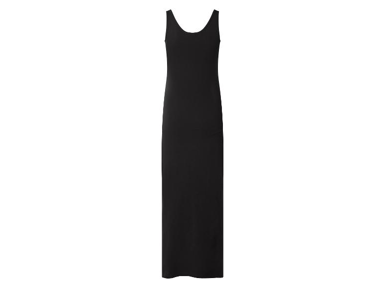 Zwarte lange strapless jurk.