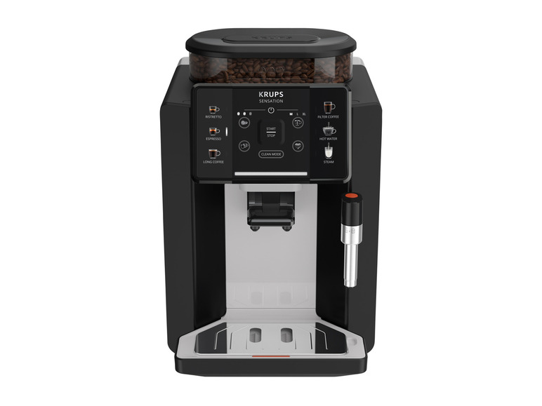 Een zwarte Krups Sensations koffiemachine met bonenreservoir.