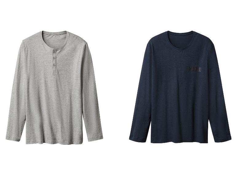Twee shirts met lange mouwen: een grijze henley en een marineblauwe V-hals met de tekst 'VEILD'.