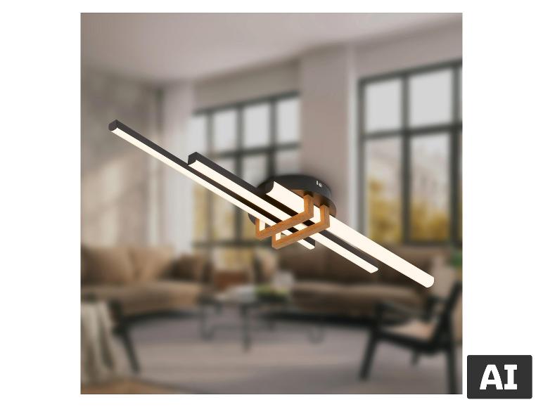 Moderne LED plafondlamp met houten elementen, in een wazige woonkamer.