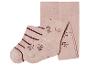 Roze baby-leggings met bloemenprint en donkerrode strepen.