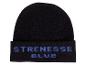 Zwarte muts met blauwe tekst 'STRENESSE BLUE'.