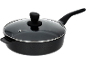 Diepe aluminium pan met glazen deksel en lange steel.