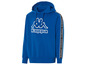 Een blauwe hoodie met capuchon van Kappa met witte logo's en zwarte banden.