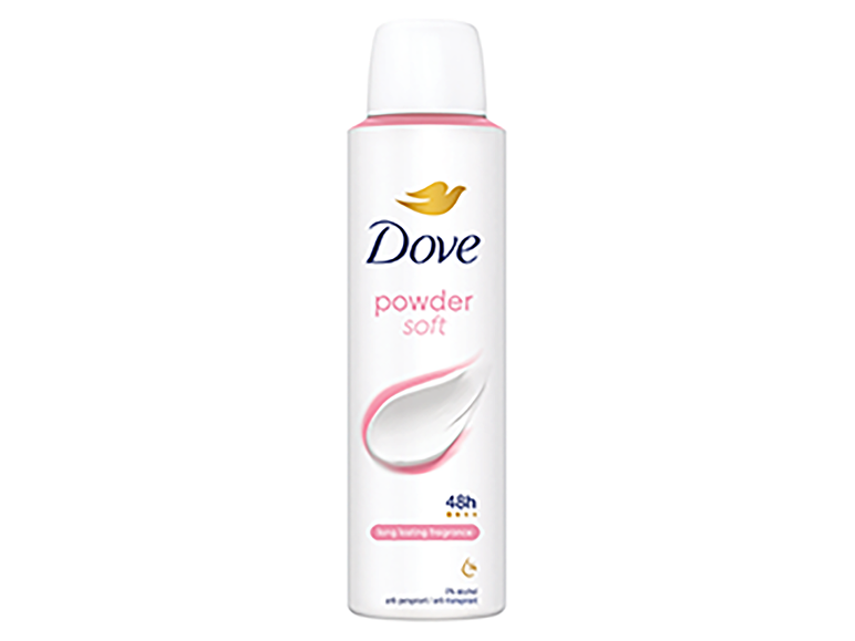 Witte deodorant spray met roze accenten, gelabeld 'powder soft' en '48h long lasting fragrance'.