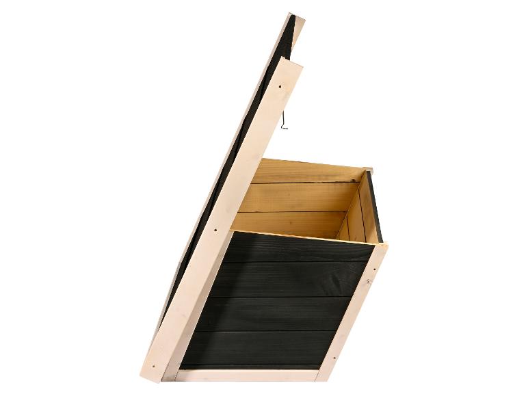 Houten wandplantenbak met open bovenkant, voorzien van zwarte en natuurlijke houten panelen.
