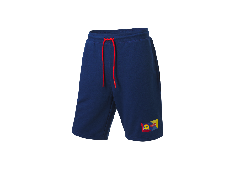 Donkerblauwe Lidl Trek sport shorts met rode trekkoordjes.