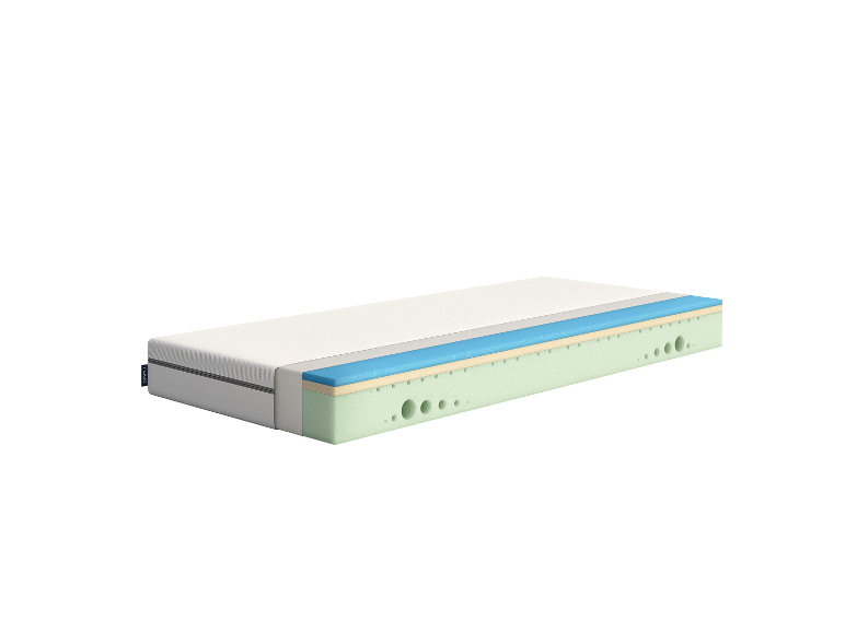 Doorsnede van een Emma matras met verschillende schuimlagen.